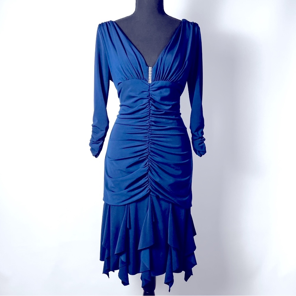 Vintage Scott McClintock Royal Blue Ruched Dress Rhinestone Neckline Size 10